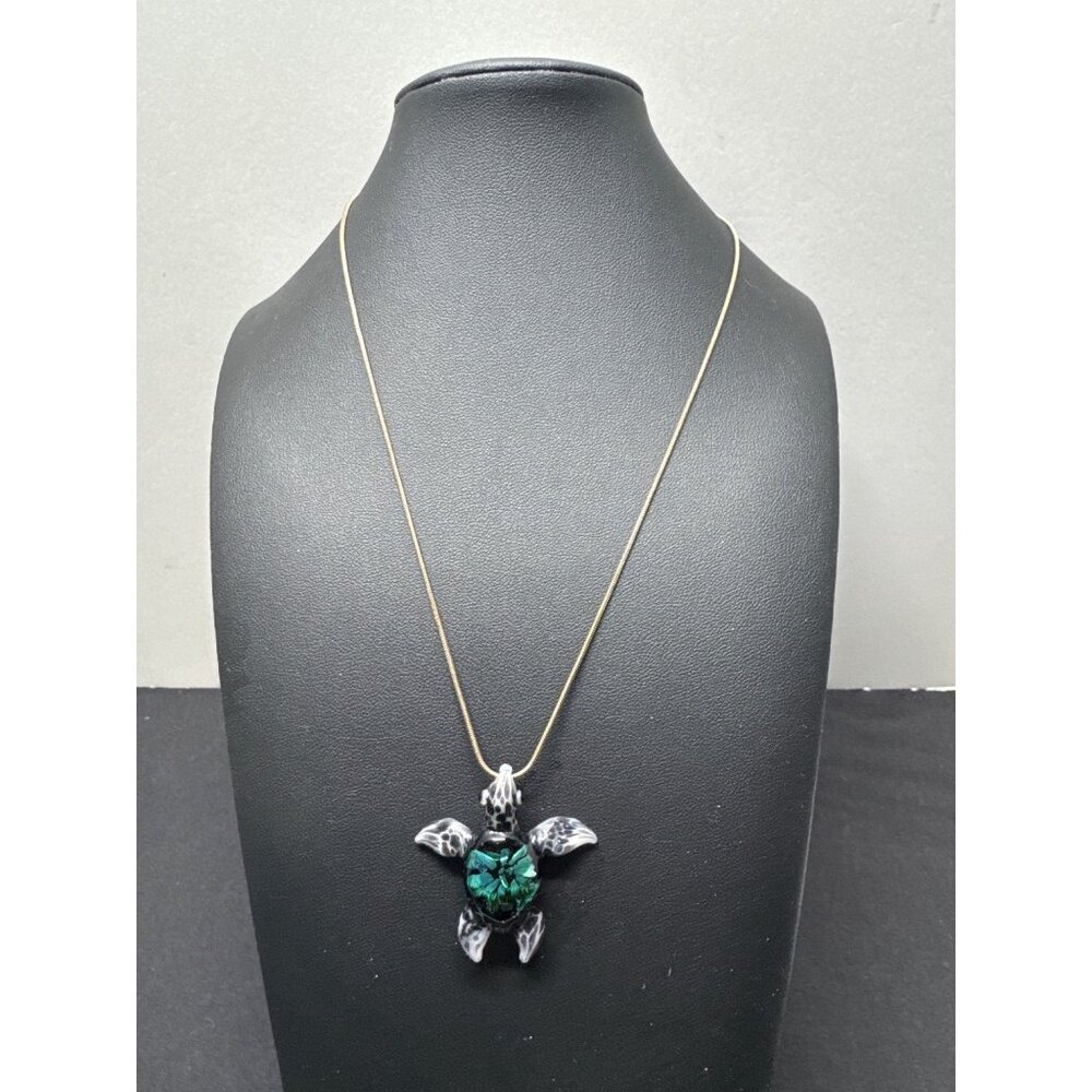 Handcrafted Glass Blue Green Sea Turtle Pendant Necklace 18KGP Chain Oceanic Des